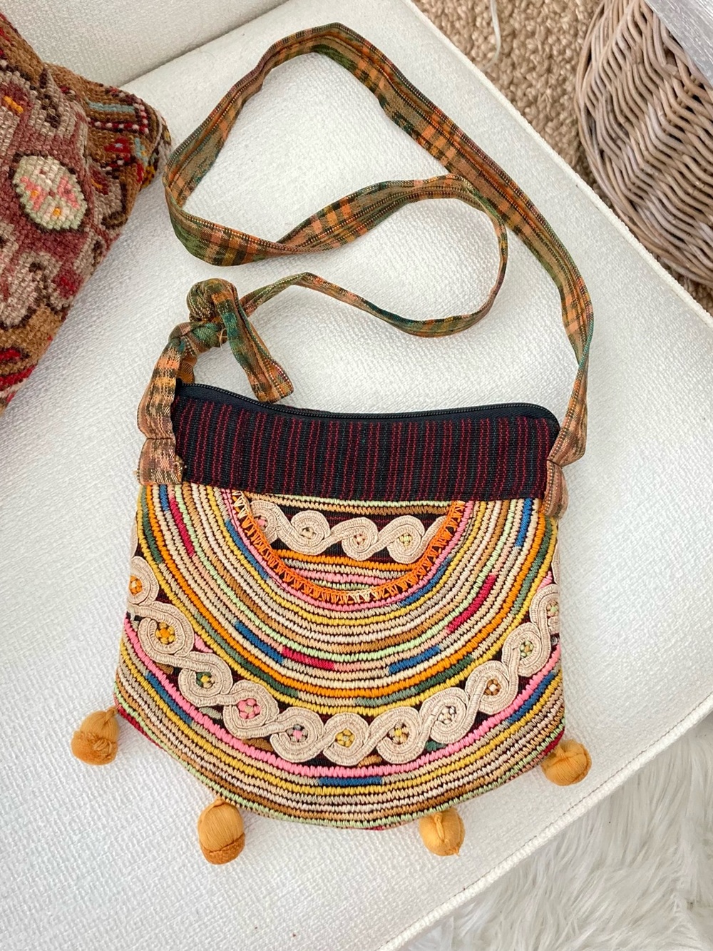 Vintage Cotton Multi-Color Boho Crossbody with Pom Tassels